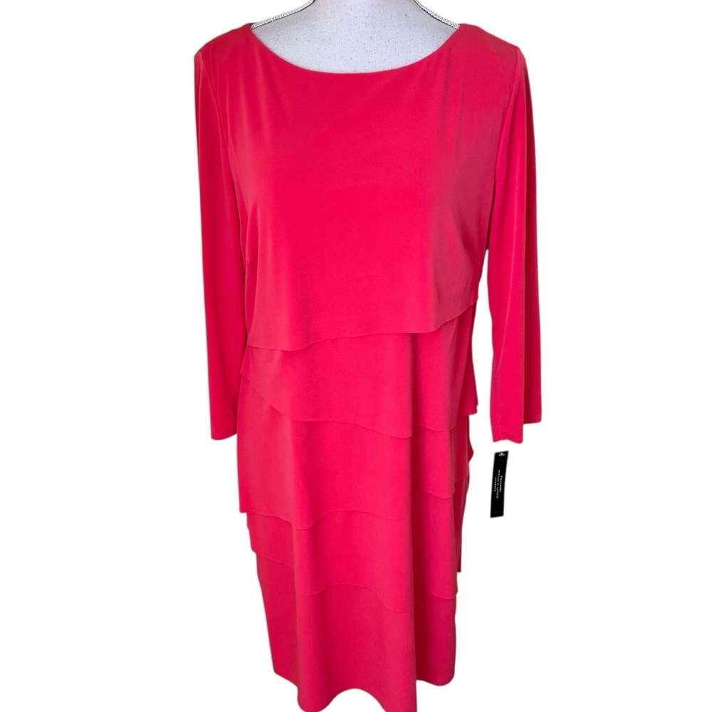 Tahari ASL Coral Scoop Neck Tiered Jersey Knit Sheath Dress 14